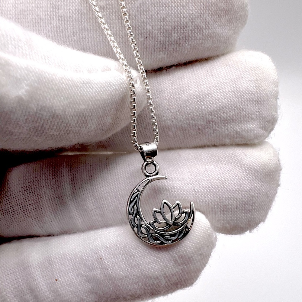 .925 Sterling Silver Moon and Lotus Flower Necklace - Picture 11 of 16